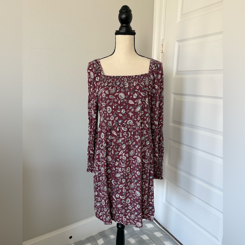 Floral Square-Neck Long Sleeve Dress - Burgundy